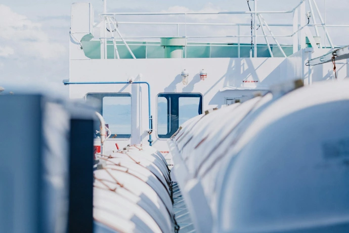 White life rafts on a ferry deck
